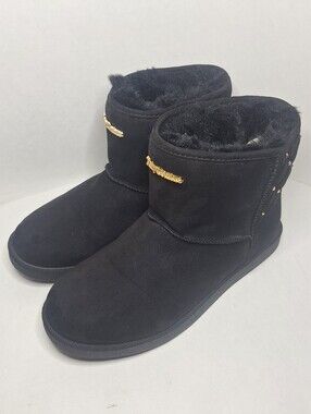 Juicy Couture Kingle Black Faux Fur Suede Gold Studded Ankle Boots Size 9 M